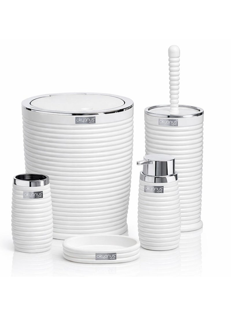5 Pieces plastic bathroom Set basket - liquid soap dispenser - soap holder - toilet cleaning brush - toothbrush & toothpaste holder chrome - white - Image 1